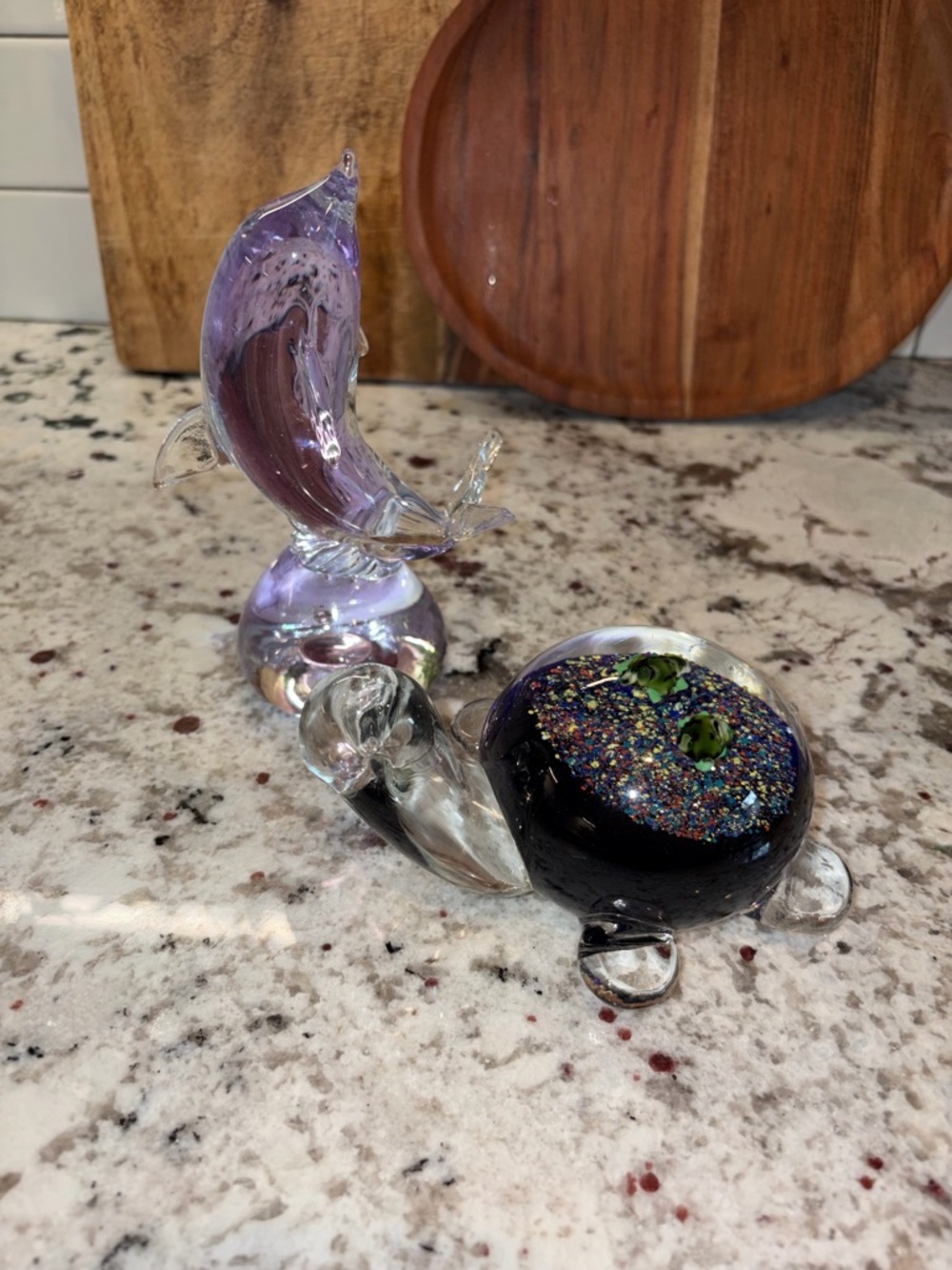 Purple Glass Dolphin & Glitter Turtle Paperweight Set - Vintage Art Glass